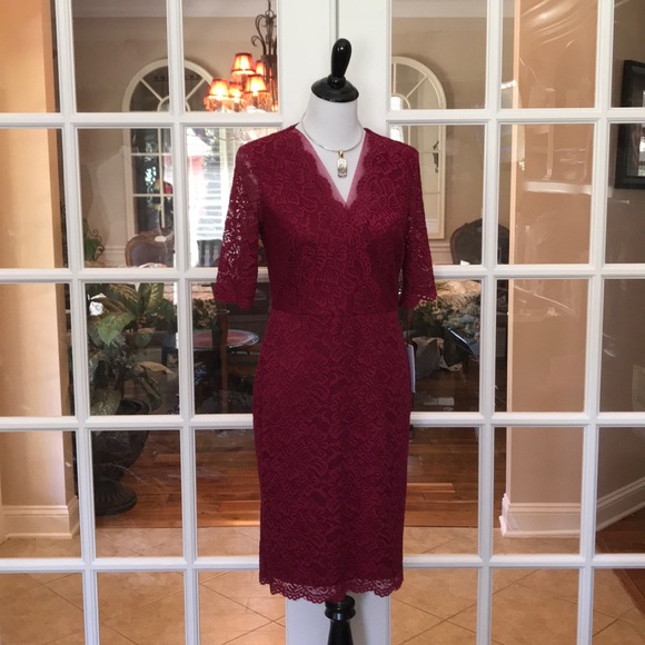 Ivanka Trump Size 8- Red Lace Dress w Sheer Sleeves - Picture 3 of 8